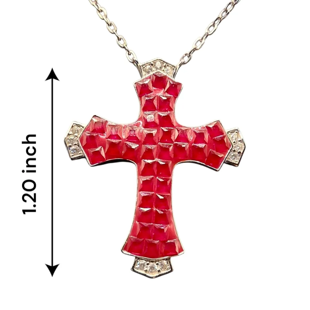 🔥Reduced! Invisibly Set Created Ruby Cross In Rhodium over Silver 2.0 ctw